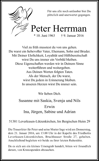 Anzeige von Peter Herrman von Kölner Stadt-Anzeiger / Kölnische Rundschau / Express