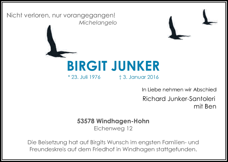  Traueranzeige für Birgit Junker vom 16.01.2016 aus Kölner Stadt-Anzeiger / Kölnische Rundschau / Express