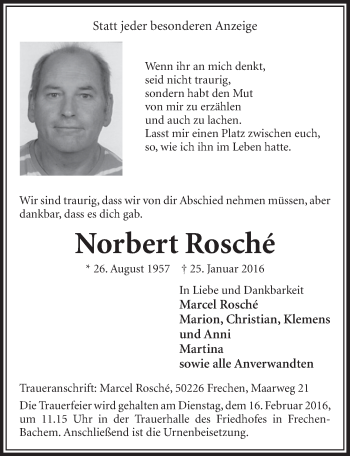 Anzeige von Norbert Rosché von  Sonntags-Post 