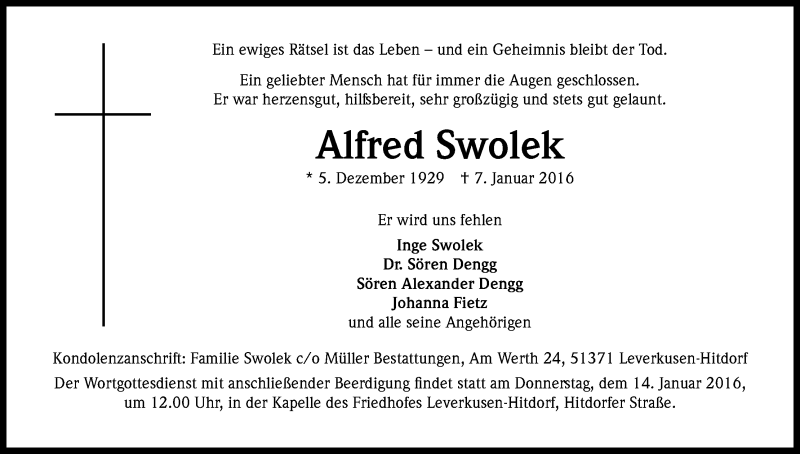  Traueranzeige für Alfred Swolek vom 12.01.2016 aus Kölner Stadt-Anzeiger / Kölnische Rundschau / Express