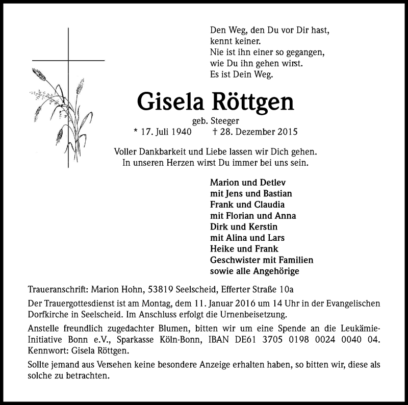  Traueranzeige für Gisela Röttgen vom 02.01.2016 aus Kölner Stadt-Anzeiger / Kölnische Rundschau / Express