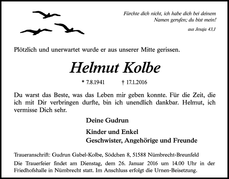  Traueranzeige für Helmut Kolbe vom 20.01.2016 aus  Lokalanzeiger 