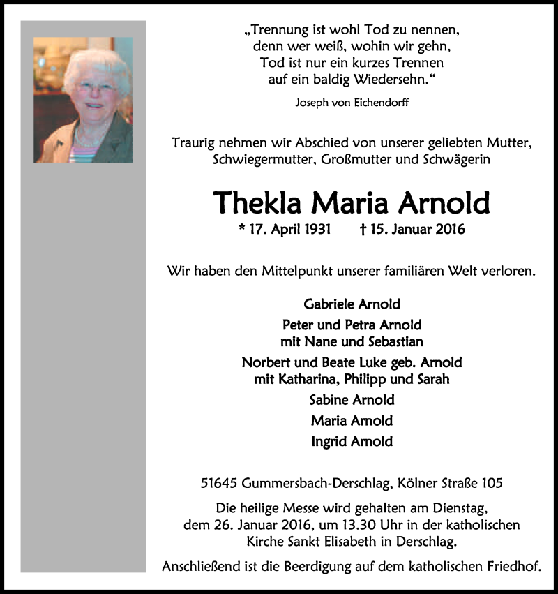  Traueranzeige für Thekla Maria Arnold vom 23.01.2016 aus Kölner Stadt-Anzeiger / Kölnische Rundschau / Express