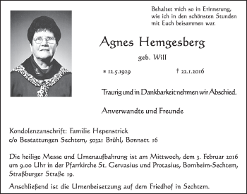 Anzeige von Agnes Hemgesberg von  Schlossbote/Werbekurier 