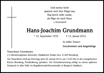Anzeige von Hans-Joachim Grundmann von Kölner Stadt-Anzeiger / Kölnische Rundschau / Express