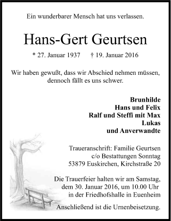 Anzeige von Hans-Gert Geurtsen von Kölner Stadt-Anzeiger / Kölnische Rundschau / Express