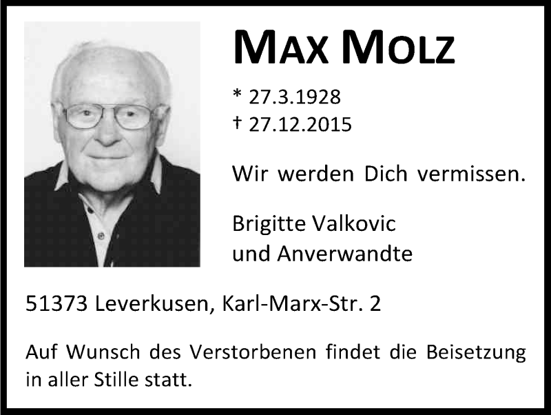  Traueranzeige für Max Molz vom 09.01.2016 aus Kölner Stadt-Anzeiger / Kölnische Rundschau / Express