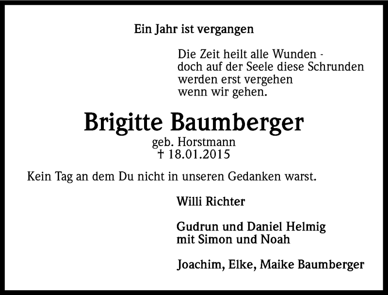  Traueranzeige für Brigitte Baumberger vom 16.01.2016 aus Kölner Stadt-Anzeiger / Kölnische Rundschau / Express