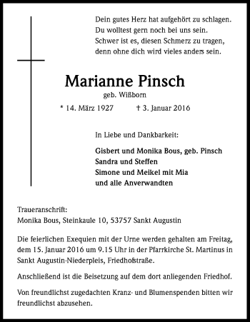 Anzeige von Marianne Pinsch von Kölner Stadt-Anzeiger / Kölnische Rundschau / Express