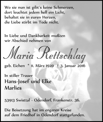 Anzeige von Maria Rettschlag von  Schaufenster/Blickpunkt 