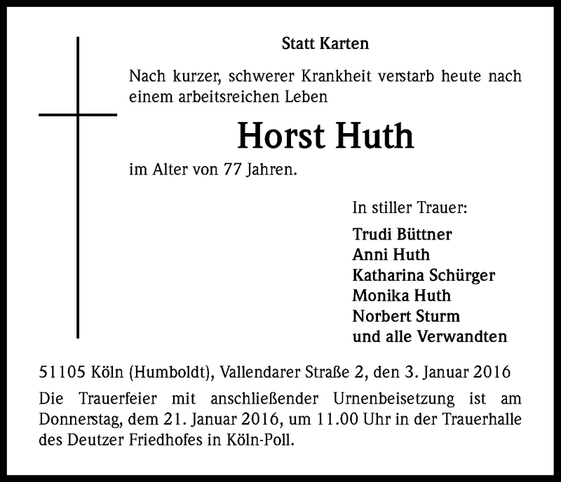  Traueranzeige für Horst Huth vom 16.01.2016 aus Kölner Stadt-Anzeiger / Kölnische Rundschau / Express