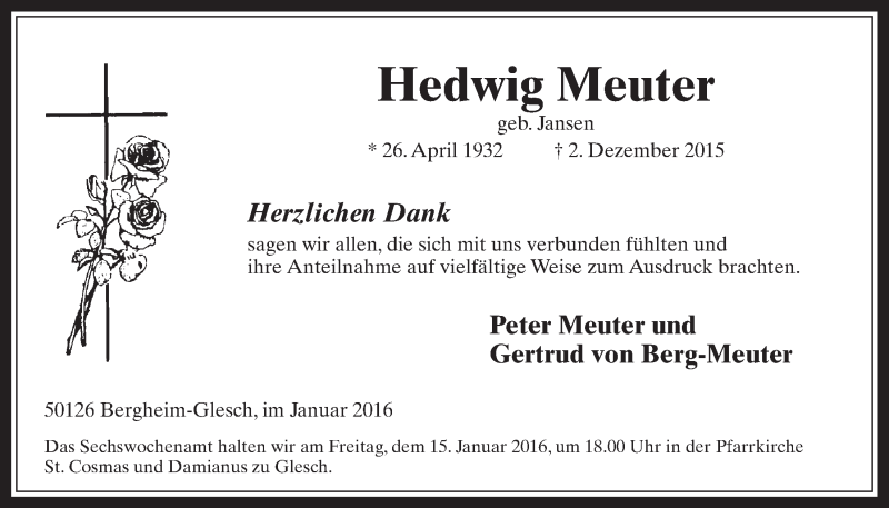  Traueranzeige für Hedwig Meuter vom 13.01.2016 aus  Werbepost 