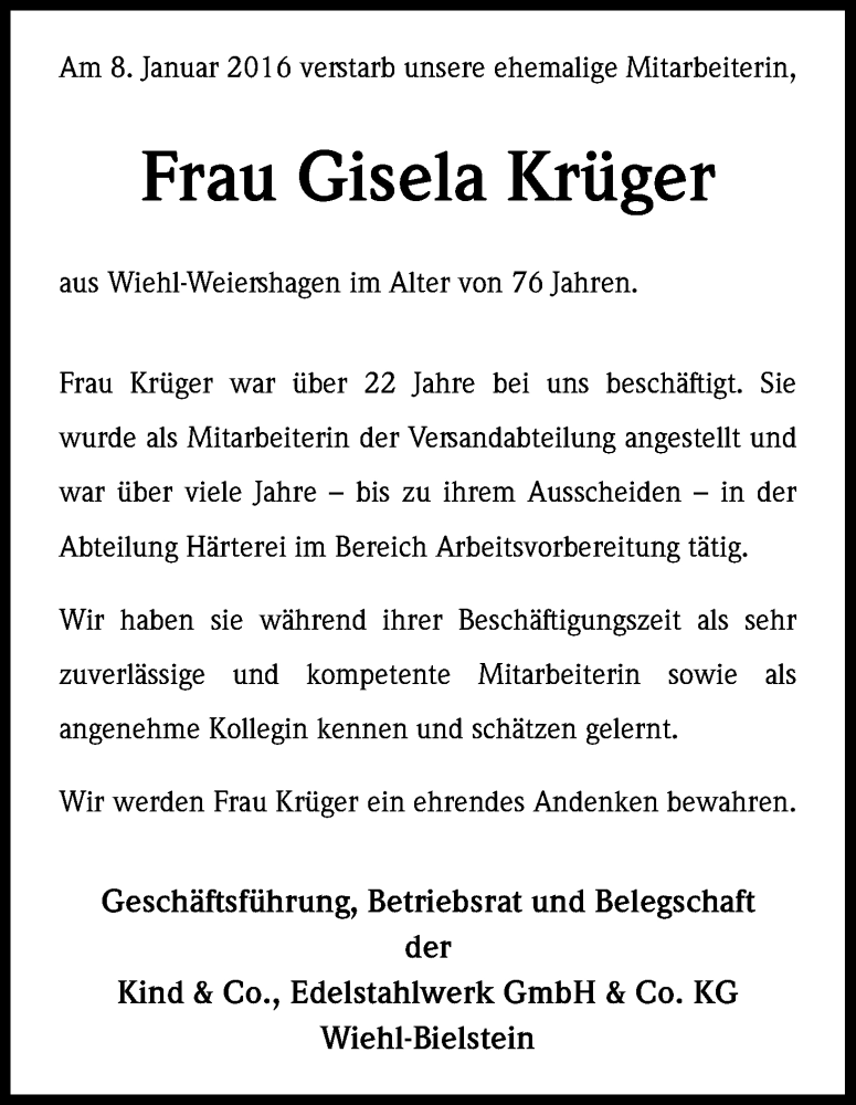  Traueranzeige für Gisela Krüger vom 13.01.2016 aus Kölner Stadt-Anzeiger / Kölnische Rundschau / Express