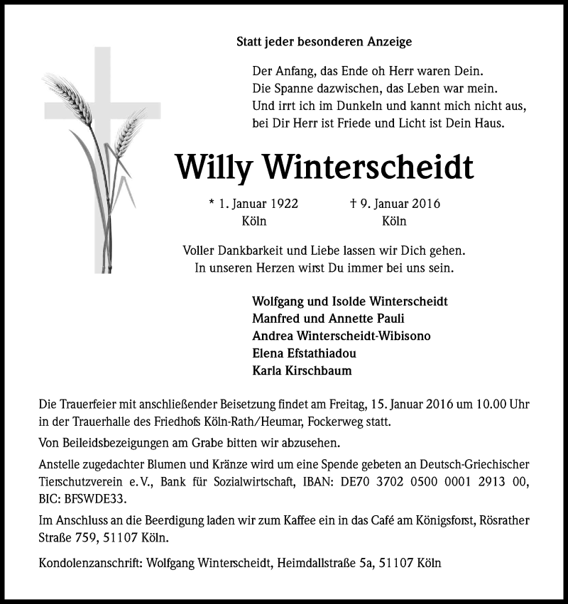  Traueranzeige für Willy Winterscheidt vom 13.01.2016 aus Kölner Stadt-Anzeiger / Kölnische Rundschau / Express