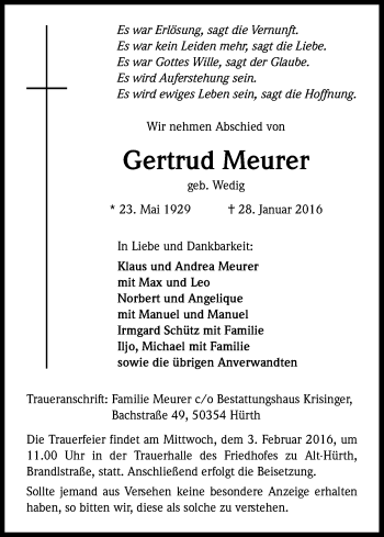 Anzeige von Gertrud Meurer von Kölner Stadt-Anzeiger / Kölnische Rundschau / Express