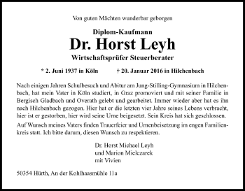 Anzeige von Horst Leyh von Kölner Stadt-Anzeiger / Kölnische Rundschau / Express