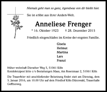 Anzeige von Anneliese Frenger von Kölner Stadt-Anzeiger / Kölnische Rundschau / Express