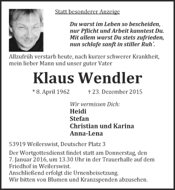 Anzeige von Klaus Wendler von  Blickpunkt Euskirchen 