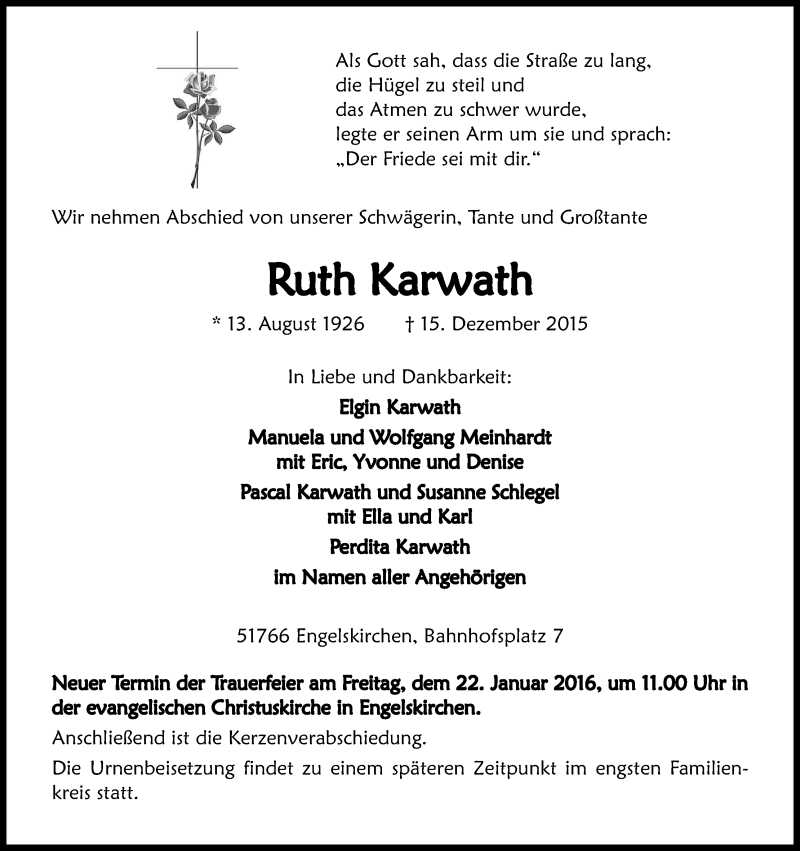  Traueranzeige für Ruth Karwath vom 02.01.2016 aus Kölner Stadt-Anzeiger / Kölnische Rundschau / Express