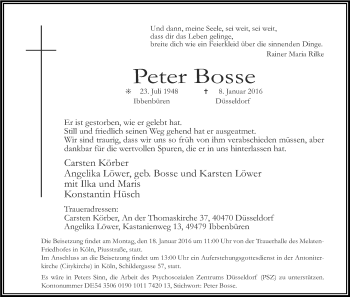 Anzeige von Peter Bosse von Kölner Stadt-Anzeiger / Kölnische Rundschau / Express