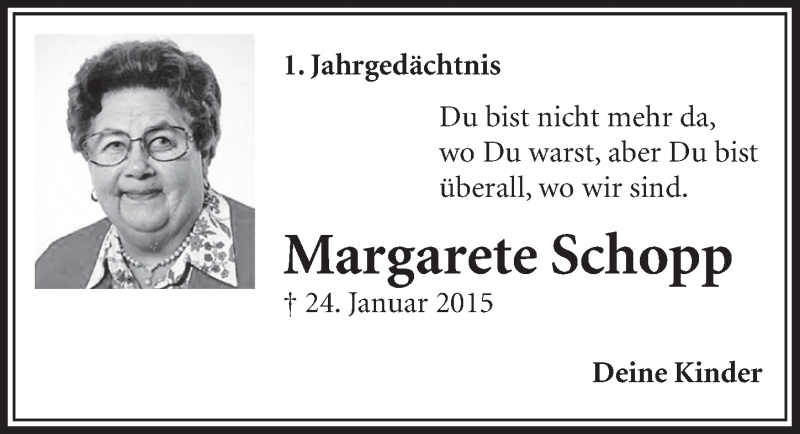  Traueranzeige für Margarete Schopp vom 23.01.2016 aus  Sonntags-Post 