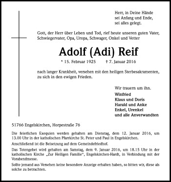 Anzeige von Adolf Reif von Kölner Stadt-Anzeiger / Kölnische Rundschau / Express