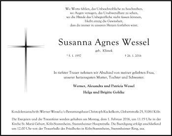 Anzeige von Susanna Agnes Wessel von Kölner Stadt-Anzeiger / Kölnische Rundschau / Express
