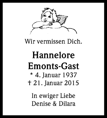 Anzeige von Hannelore Emonts-Gast von Kölner Stadt-Anzeiger / Kölnische Rundschau / Express