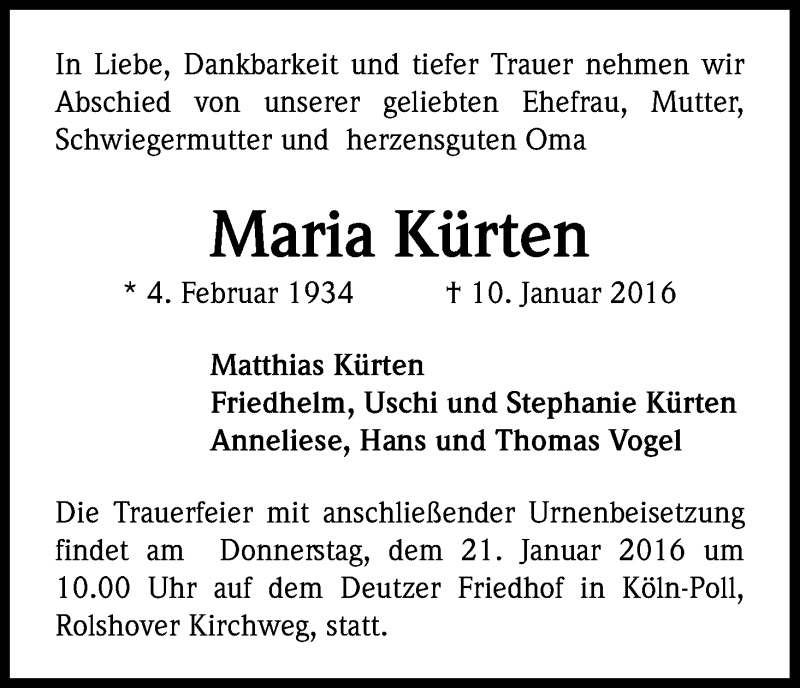  Traueranzeige für Maria Kürten vom 16.01.2016 aus Kölner Stadt-Anzeiger / Kölnische Rundschau / Express