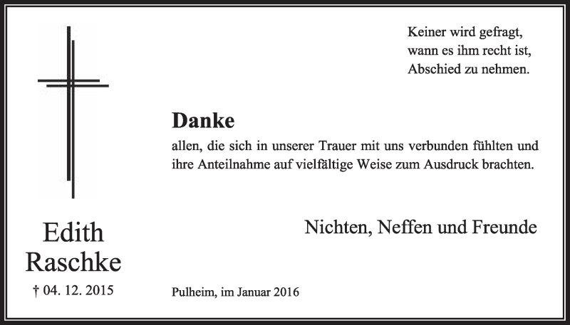  Traueranzeige für Edith Raschke vom 02.01.2016 aus  Sonntags-Post 