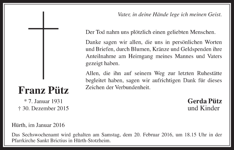  Traueranzeige für Franz Pütz vom 27.01.2016 aus  Wochenende 