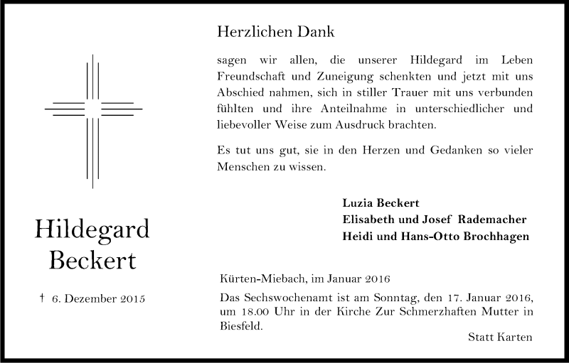  Traueranzeige für Hildegard Beckert vom 09.01.2016 aus Kölner Stadt-Anzeiger / Kölnische Rundschau / Express
