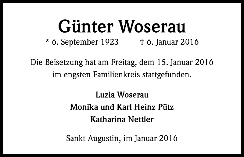  Traueranzeige für Günter Woserau vom 16.01.2016 aus Kölner Stadt-Anzeiger / Kölnische Rundschau / Express