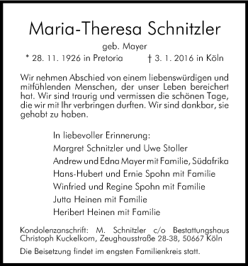 Anzeige von Maria-Theresa Schnitzler von Kölner Stadt-Anzeiger / Kölnische Rundschau / Express