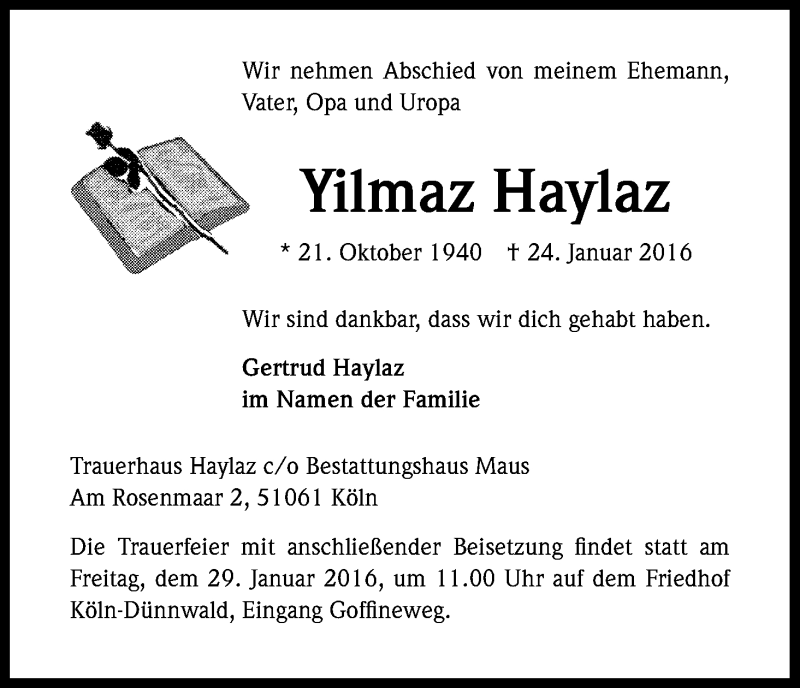  Traueranzeige für Yilmaz Haylaz vom 27.01.2016 aus Kölner Stadt-Anzeiger / Kölnische Rundschau / Express