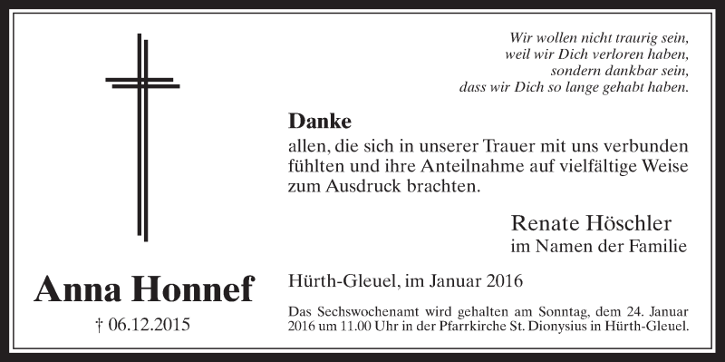  Traueranzeige für Anna Honnef vom 20.01.2016 aus  Wochenende 