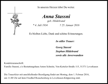 Anzeige von Anna Stassni von Kölner Stadt-Anzeiger / Kölnische Rundschau / Express
