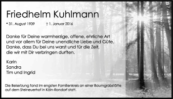 Anzeige von Friedhelm Kuhlmann von Kölner Stadt-Anzeiger / Kölnische Rundschau / Express