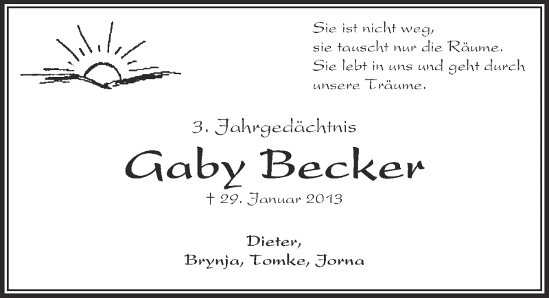  Traueranzeige für Gaby Becker vom 31.01.2016 aus  Blickpunkt Euskirchen 