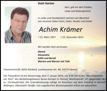 Anzeige von Achim Krämer von Kölner Stadt-Anzeiger / Kölnische Rundschau / Express