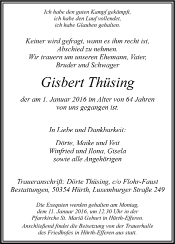 Anzeige von Gisbert Thüsing von Kölner Stadt-Anzeiger / Kölnische Rundschau / Express
