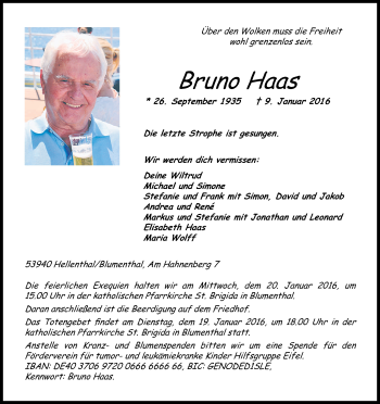 Anzeige von Bruno Haas von Kölner Stadt-Anzeiger / Kölnische Rundschau / Express