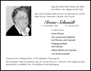Anzeige von Irene Schmidt von Kölner Stadt-Anzeiger / Kölnische Rundschau / Express