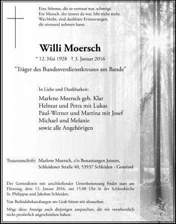 Anzeige von Willi Moersch von Kölner Stadt-Anzeiger / Kölnische Rundschau / Express