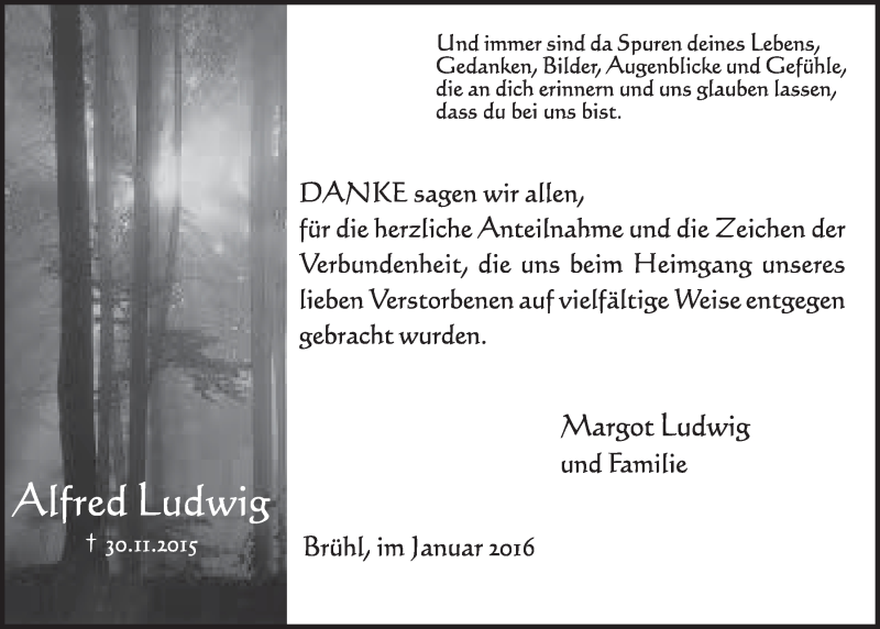  Traueranzeige für Alfred Ludwig vom 06.01.2016 aus  Schlossbote/Werbekurier 