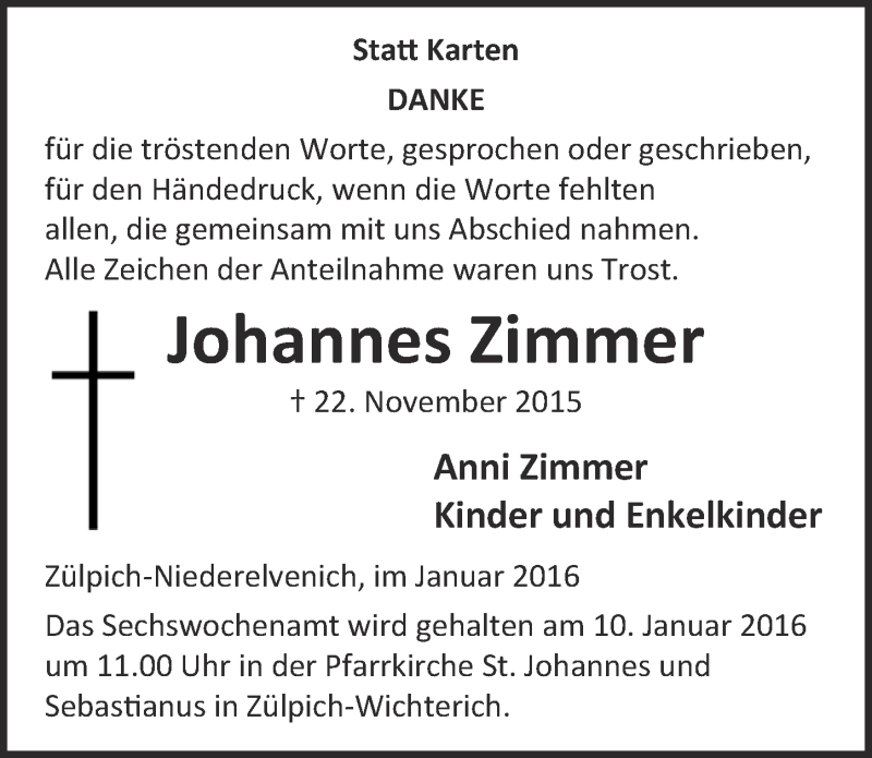  Traueranzeige für Johannes Zimmer vom 03.01.2016 aus  Blickpunkt Euskirchen 
