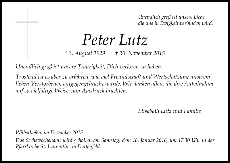  Traueranzeige für Peter Lutz vom 09.01.2016 aus Kölner Stadt-Anzeiger / Kölnische Rundschau / Express