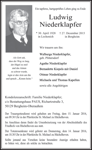 Anzeige von Ludwig Niederklapfer von  Sonntags-Post 