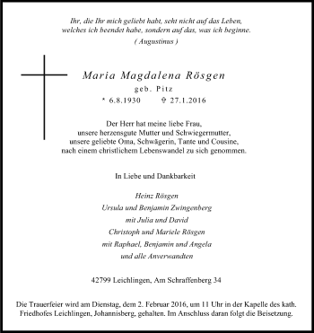 Anzeige von Maria Magdalena Rösgen von Kölner Stadt-Anzeiger / Kölnische Rundschau / Express