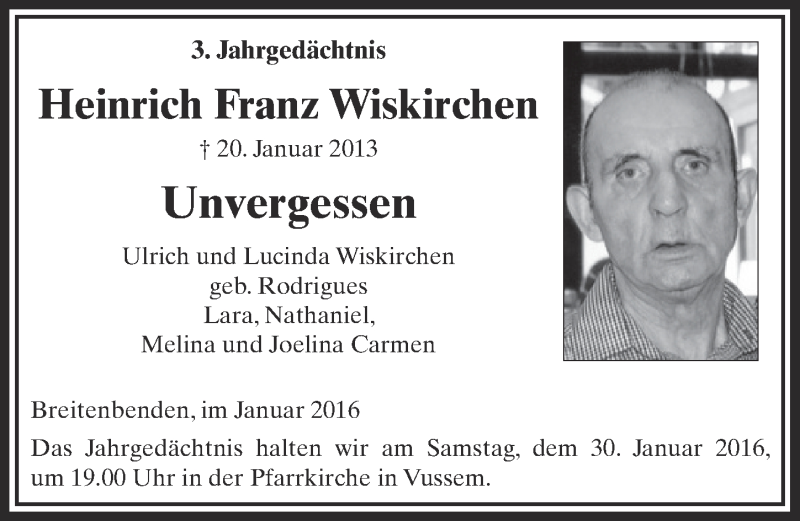  Traueranzeige für Heinrich Franz Wiskirchen vom 24.01.2016 aus  Blickpunkt Euskirchen 